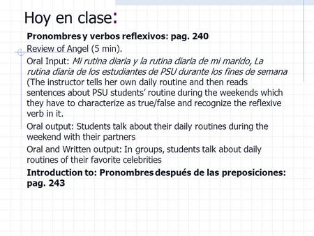 Hoy en clase: Pronombres y verbos reflexivos: pag. 240 Review of Angel (5 min). Oral Input: Mi rutina diaria y la rutina diaria de mi marido, La rutina.