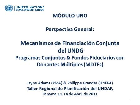 MÓDULO UNO Perspectiva General: Mecanismos de Financiación Conjunta del UNDG Programas Conjuntos & Fondos Fiduciarios con Donantes Múltiples (MDTFs) Jayne.