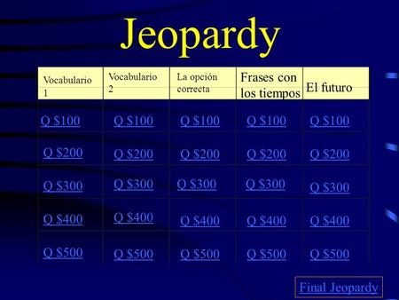 Jeopardy Vocabulario 1 Vocabulario 2 La opción correcta Frases con los tiempos El futuro Q $100 Q $200 Q $300 Q $400 Q $500 Q $100 Q $200 Q $300 Q $400.