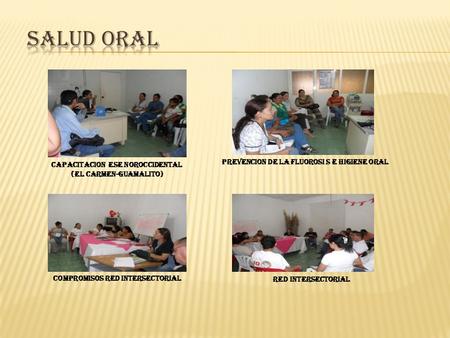 COMPROMISOS RED INTERSECTORIAL RED INTERSECTORIAL CAPACITACION ESE NOROCCIDENTAL (EL CARMEN-GUAMALITO) PREVENCION DE LA FLUOROSI S E HIGIENE ORAL.