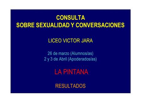 CONSULTA SOBRE SEXUALIDAD Y CONVERSACIONES LICEO VICTOR JARA 26 de marzo (Alumnos/as) 2 y 3 de Abril (Apoderados/as) LA PINTANA RESULTADOS.