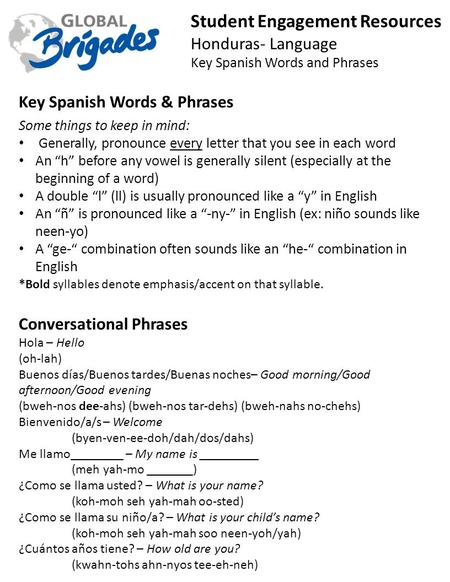 Student Engagement Resources Honduras- Language Key Spanish Words and Phrases Key Spanish Words & Phrases Some things to keep in mind: Generally, pronounce.