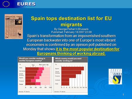 Spain tops destination list for EU migrants By George Parker in Brussels Published: February 18 2007 22:09 Spain’s transformation from an impoverished.
