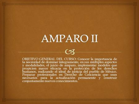 AMPARO II OBJETIVO GENERAL DEL CURSO: Conocer la importancia de la necesidad de dominar íntegramente, en sus múltiples aspectos y modalidades, el juicio.