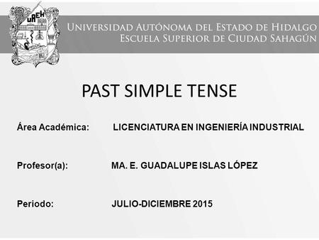 PAST SIMPLE TENSE Área Académica: LICENCIATURA EN INGENIERÍA INDUSTRIAL Profesor(a): MA. E. GUADALUPE ISLAS LÓPEZ Periodo: