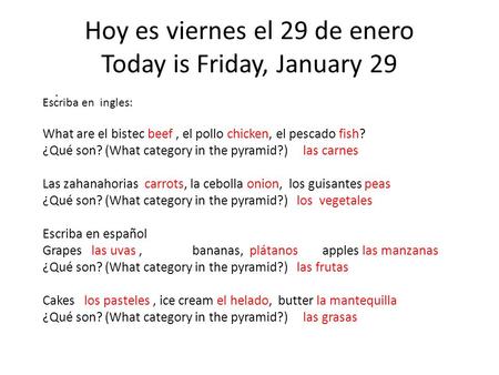 Hoy es viernes el 29 de enero Today is Friday, January 29. Escriba en ingles: What are el bistec beef, el pollo chicken, el pescado fish? ¿Qué son? (What.