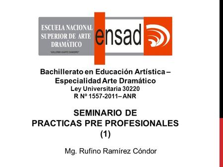 SEMINARIO DE PRACTICAS PRE PROFESIONALES (1) Mg. Rufino Ramírez Cóndor Bachillerato en Educación Artística – Especialidad Arte Dramático Ley Universitaria.