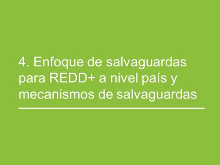 4. Enfoque de salvaguardas para REDD+ a nivel país y mecanismos de salvaguardas.