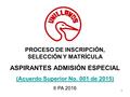 PROCESO DE INSCRIPCIÓN, SELECCIÓN Y MATRÍCULA ASPIRANTES ADMISIÓN ESPECIAL (Acuerdo Superior No. 001 de 2015) II PA 2016 1.