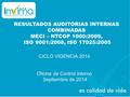 RESULTADOS AUDITORIAS INTERNAS COMBINADAS MECI – NTCGP 1000:2009, ISO 9001:2008, ISO 17025:2005 CICLO VIGENCIA 2014 Oficina de Control Interno Septiembre.