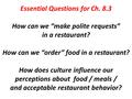 Essential Questions for Ch. 8.3 How can we “make polite requests” in a restaurant? How can we “order” food in a restaurant? How does culture influence.