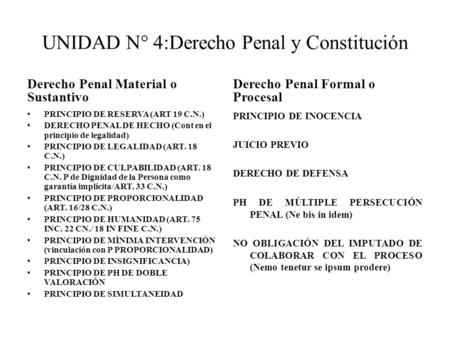 UNIDAD N° 4:Derecho Penal y Constitución Derecho Penal Material o Sustantivo PRINCIPIO DE RESERVA (ART 19 C.N.) DERECHO PENAL DE HECHO (Cont en el principio.