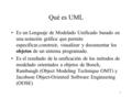 1 Qué es UML Es un Lenguaje de Modelado Unificado basado en una notación gráfica que permite especificar,construir, visualizar y documentar los objetos.