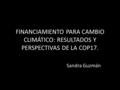 FINANCIAMIENTO PARA CAMBIO CLIMÁTICO: RESULTADOS Y PERSPECTIVAS DE LA COP17. Sandra Guzmán.