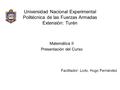 Universidad Nacional Experimental Politécnica de las Fuerzas Armadas Extensión: Turén Matemática II Presentación del Curso Facilitador: Lcdo. Hugo Fernández.