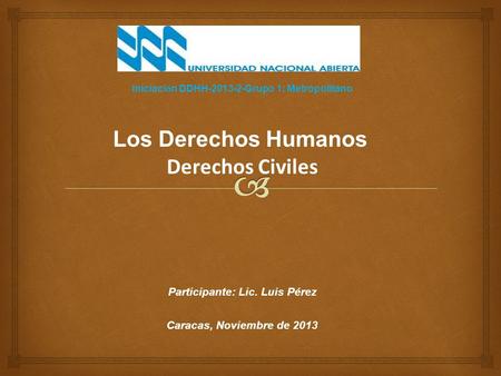 Iniciaci ó n DDHH-2013-2-Grupo 1: Metropolitano Los Derechos Humanos Derechos Civiles Participante: Lic. Luis Pérez Caracas, Noviembre de 2013.