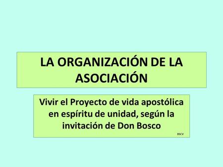 LA ORGANIZACIÓN DE LA ASOCIACIÓN Vivir el Proyecto de vida apostólica en espíritu de unidad, según la invitación de Don Bosco BSCV.
