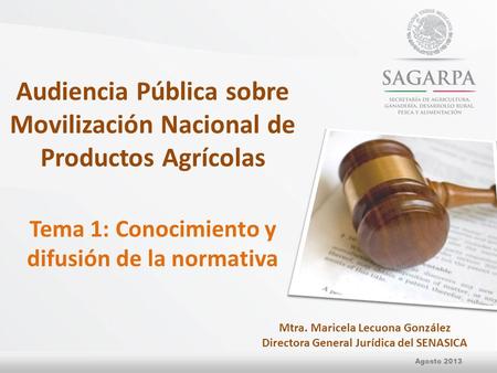 Agosto 2013 Audiencia Pública sobre Movilización Nacional de Productos Agrícolas Tema 1: Conocimiento y difusión de la normativa Mtra. Maricela Lecuona.