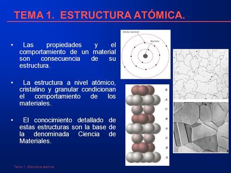 Tema 1: Estructura atómica. TEMA 1. ESTRUCTURA ATÓMICA. Las propiedades y el comportamiento de un material son consecuencia de su estructura. La estructura.