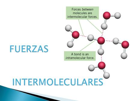 FUERZAS INTRAMOLECULARES: Fuerzas que se dan en el interior de las moléculas: Enlace covalente. La fuerza de atracción electrostática, mantiene unido.