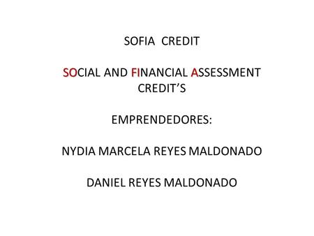 SOFIA CREDIT SOFIA SOCIAL AND FINANCIAL ASSESSMENT CREDIT’S EMPRENDEDORES: NYDIA MARCELA REYES MALDONADO DANIEL REYES MALDONADO.