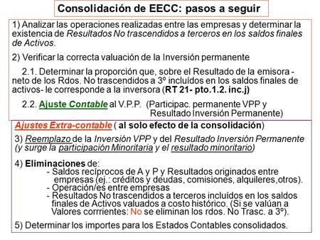 Consolidación de EECC: pasos a seguir 1) Analizar las operaciones realizadas entre las empresas y determinar la existencia de Resultados No trascendidos.