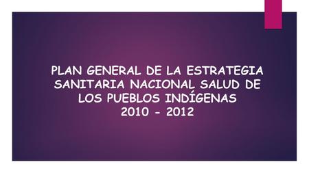 PLAN GENERAL DE LA ESTRATEGIA SANITARIA NACIONAL SALUD DE LOS PUEBLOS INDÍGENAS 2010 - 2012.