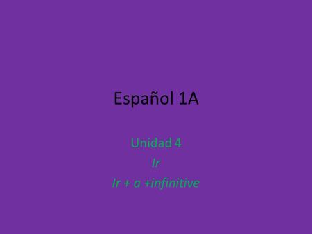 Español 1A Unidad 4 Ir Ir + a +infinitive. Repaso Infinitives are unconjugated verbs – Hablar = to talk – Comer= to eat – Escribir = to write Remember.