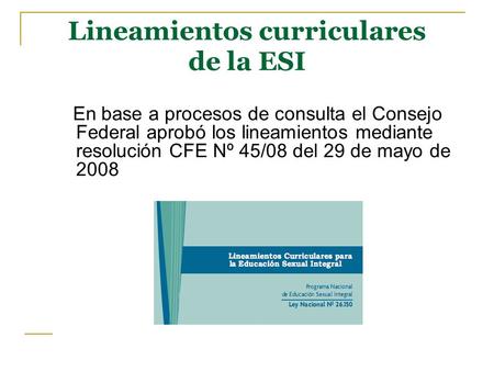 Lineamientos curriculares de la ESI En base a procesos de consulta el Consejo Federal aprobó los lineamientos mediante resolución CFE Nº 45/08 del 29 de.