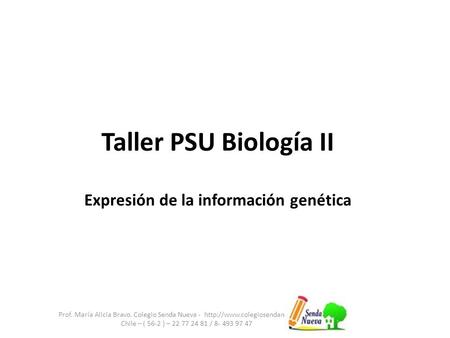 Taller PSU Biología II Prof. María Alicia Bravo. Colegio Senda Nueva -  Chile – ( 56-2 ) – 22 77 24 81 / 8- 493 97 47 Expresión.