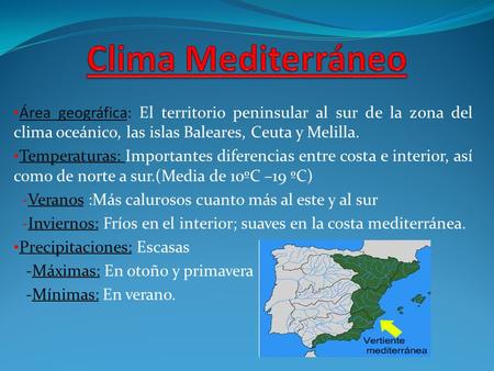 Clima Mediterráneo Área geográfica: El territorio peninsular al sur de la zona del clima oceánico, las islas Baleares, Ceuta y Melilla. Temperaturas: Importantes.