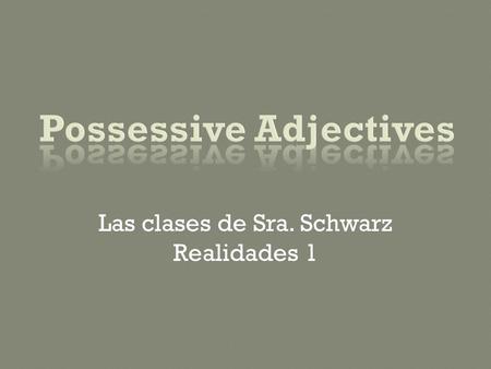 Las clases de Sra. Schwarz Realidades 1. Sra. Schwarz  In Spanish, apostrophes (’) do not exist.  For example, you cannot say “Jorge’s perro,” “María’s.
