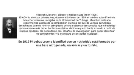 Friedrich Miescher, biólogo y médico suizo (1844-1895). El ADN lo aisló por primera vez, durante el invierno de 1869, el médico suizo Friedrich Miescher.