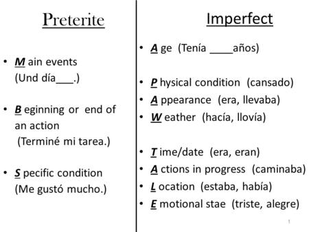 Preterite A ge (Tenía ____años) P hysical condition (cansado) A ppearance (era, llevaba) W eather (hacía, llovía) T ime/date (era, eran) A ctions in progress.
