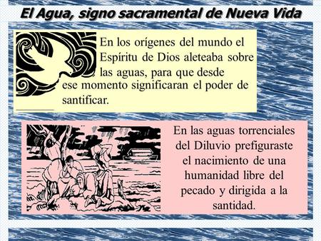 El Agua, signo sacramental de Nueva Vida En los orígenes del mundo el Espíritu de Dios aleteaba sobre las aguas, para que desde ese momento significaran.