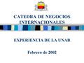 CATEDRA DE NEGOCIOS INTERNACIONALES EXPERIENCIA DE LA UNAB Febrero de 2002.