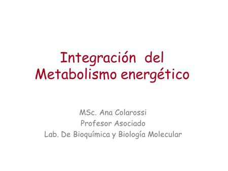 Integración del Metabolismo energético MSc. Ana Colarossi Profesor Asociado Lab. De Bioquímica y Biología Molecular.
