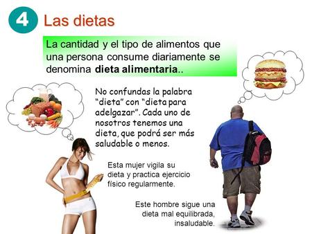 4 Las dietas La cantidad y el tipo de alimentos que una persona consume diariamente se denomina dieta alimentaria.. No confundas la palabra “dieta” con.
