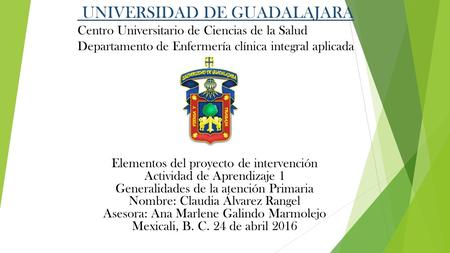 Elementos del proyecto de intervención Actividad de Aprendizaje 1 Generalidades de la atención Primaria Nombre: Claudia Álvarez Rangel Asesora: Ana Marlene.
