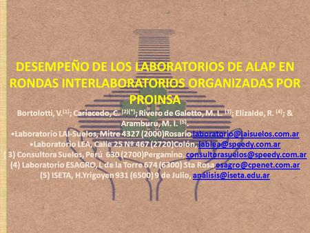 Poster DESEMPEÑO DE LOS LABORATORIOS DE ALAP EN RONDAS INTERLABORATORIOS ORGANIZADAS POR PROINSA Bortolotti, V. (1) ; Cariacedo, C. (2)(*) ; Rivero de.