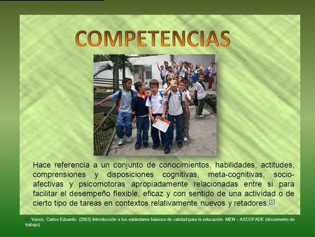 COMPETENCIAS Hace referencia a un conjunto de conocimientos, habilidades, actitudes, comprensiones y disposiciones cognitivas, meta-cognitivas, socio-afectivas.