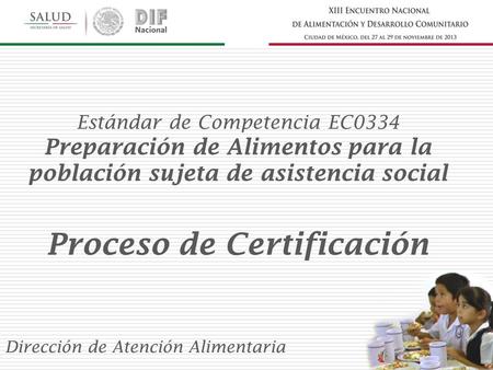 Estándar de Competencia EC0334 Preparación de Alimentos para la población sujeta de asistencia social Proceso de Certificación Dirección de Atención Alimentaria.