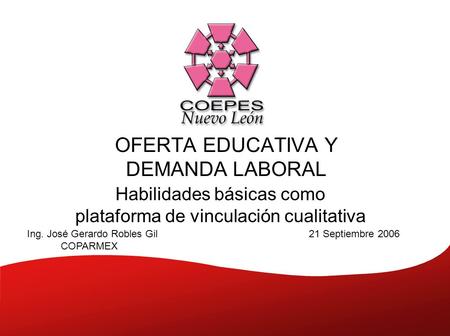 OFERTA EDUCATIVA Y DEMANDA LABORAL Habilidades básicas como plataforma de vinculación cualitativa Ing. José Gerardo Robles Gil COPARMEX 21 Septiembre 2006.