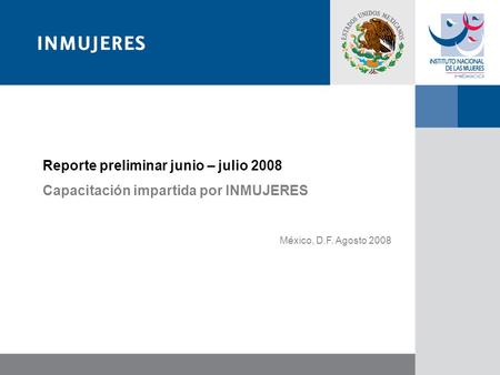 Reporte preliminar junio – julio 2008 Capacitación impartida por INMUJERES México, D.F. Agosto 2008.