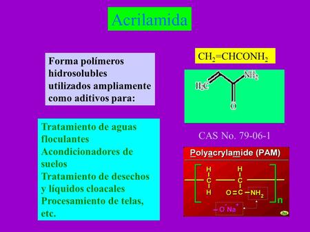 Acrilamida CH2=CHCONH2 Forma polímeros hidrosolubles utilizados ampliamente como aditivos para: Tratamiento de aguas floculantes Acondicionadores de.