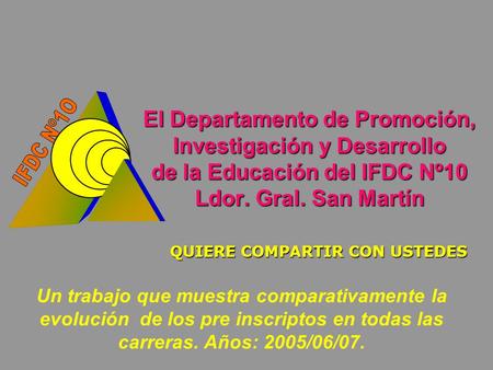 El Departamento de Promoción, Investigación y Desarrollo de la Educación del IFDC Nº10 Ldor. Gral. San Martín QUIERE COMPARTIR CON USTEDES Un trabajo que.