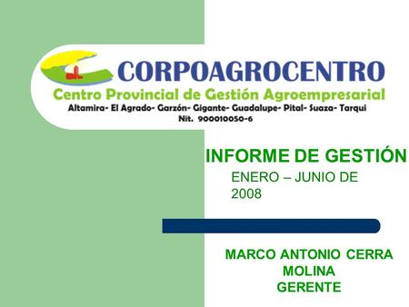 INFORME DE GESTIÓN ENERO – JUNIO DE 2008 MARCO ANTONIO CERRA MOLINA GERENTE.