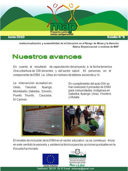 Boletín N°8 Junio 2010 Teléfonos: 383 91 15/ 07   Institucionalización y sostenibilidad de la Educación en el Riesgo de Minas y.