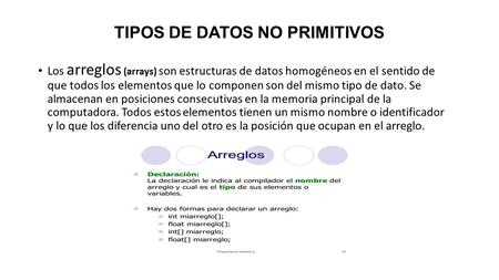 TIPOS DE DATOS NO PRIMITIVOS Los arreglos (arrays) son estructuras de datos homogéneos en el sentido de que todos los elementos que lo componen son del.