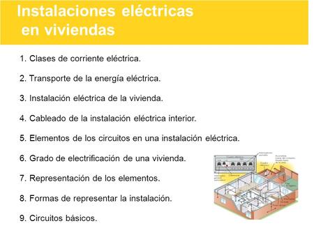 Instalaciones eléctricas en viviendas 1. Clases de corriente eléctrica. 2. Transporte de la energía eléctrica. 3. Instalación eléctrica de la vivienda.